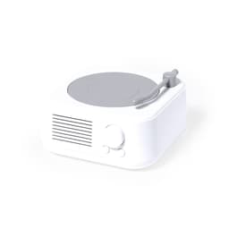 A white Bluetooth speaker with a grey circular top, featuring a simplified turntable design and small controls.