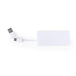 A white USB drive with a cable attached, featuring a logo. Suitable for technology and phone use.