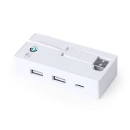 A white USB hub featuring multiple ports and a retractable USB connector. The product has a logo on its surface.