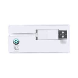 A white USB drive in a sleek packaging with a logo, featuring a standard USB connector.