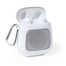 A white wireless headphones case with earbuds inside, featuring a silver mesh front and a carabiner clip.