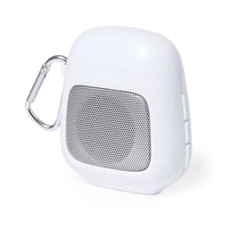 A white portable speaker with a metal carabiner and a textured speaker grille. It has a sleek, compact design.