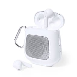 A pair of white wireless headphones in a charging case with a carabiner, featuring a mesh speaker design.