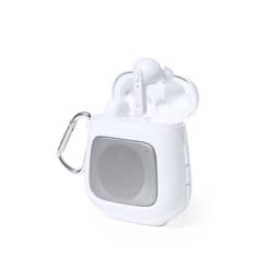 A pair of white wireless earbuds in a charging case with a silver mesh speaker front and a metal clip.