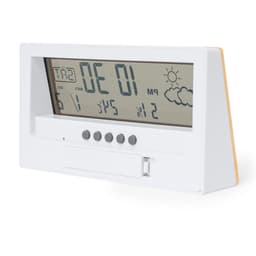 A white and wood weather station with a large digital display showing temperature, humidity, and weather icons.