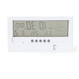 A white digital weather station featuring a display for temperature, time, humidity, and weather icons.