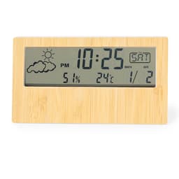 A weather station with a bamboo frame displaying time, humidity, temperature, and weather icons.