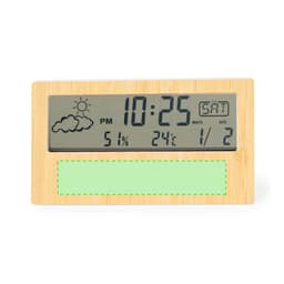 A bamboo-framed weather station display showing time, date, temperature, and humidity levels. It has a logo.