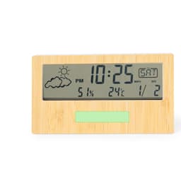 A bamboo weather station displaying time, date, temperature in Celsius, humidity percentage, and weather icons.