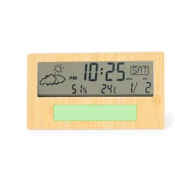 A bamboo weather station displaying time, temperature, humidity, and date with a blank area for customisation.