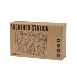 A weather station in a wooden-style box, featuring icons for humidity, temperature, and time. Contains a logo.