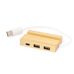 A bamboo USB hub with two standard USB ports and one USB-C port, featuring a white connecting cable.