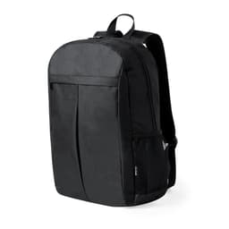 A black backpack featuring a main compartment, side mesh pocket, and a logo on the front.