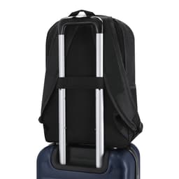 A black Amurax backpack with adjustable straps sits atop a blue wheeled suitcase, showcasing a sleek design.