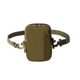 An olive green bag with a zipped compartment, adjustable strap, and a side pocket, featuring a logo.