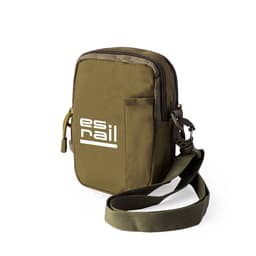 An olive green bag with a zipper, featuring a logo and an adjustable strap.