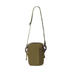 An olive green crossbody bag with adjustable strap and multiple compartments, featuring a branding logo.