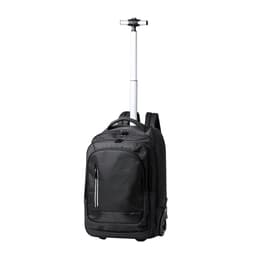 A black wheeled backpack with a retractable handle and multiple compartments. Features wheels for easy mobility.