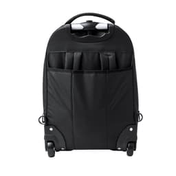 A black wheeled backpack with multiple pockets and a handle for easy transport. It features a logo on the front.