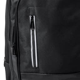 A black wheeled backpack featuring a zippered pocket with a reflective stripe. It has a sleek, modern design.