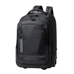 A black wheeled backpack with multiple compartments and a logo, designed for easy transport.