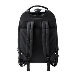 A black wheeled backpack featuring adjustable straps and a handle on top, with a sleek and functional design.