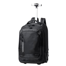 A black wheeled backpack with a retractable handle, featuring multiple pockets and a logo.