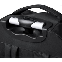 A black wheeled backpack featuring a sturdy handle and multiple pockets for storage. It has a logo on the side.