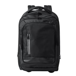 A black wheeled backpack featuring multiple compartments and a logo, designed for easy transport.