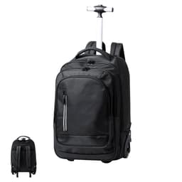 A black wheeled backpack with a retractable handle and shoulder straps, featuring a zippered front pocket and a logo.