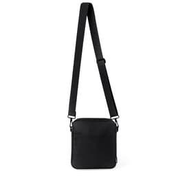A black crossbody bag with a long adjustable strap and a front pocket, featuring a branding logo.