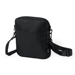 A black crossbody bag with a shoulder strap and a front pocket, featuring a logo on the side.
