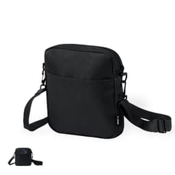 A black crossbody bag with a zip closure and an adjustable strap, featuring a front pocket and a logo.