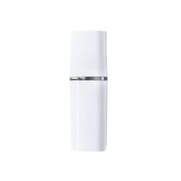 A drink bottle in sleek white with a silver band around the centre and a minimalist design.