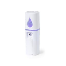 A white misting spray bottle with a clear window and a purple light feature, designed for personal use.