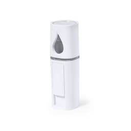A white misting spray bottle with a transparent section, featuring a logo and a compact design.