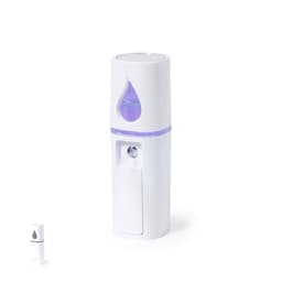 A white misting device with a water droplet design and a lavender light feature, accompanied by a smaller spray nozzle.