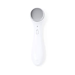 A white facial massager with a round metallic head and a power button. It features a sleek, ergonomic design.