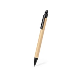 A pen with a natural kraft barrel and black accents, featuring a click mechanism and a brand logo.