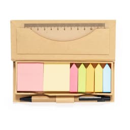 A stationery set featuring a ruler, notepads in pink, yellow, green, and blue, and a black pen, presented in a kraft box.