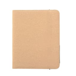 A beige folder with a textured finish, featuring a zip closure and a branding logo on the side.