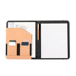 A black Ohara Folder with a cork pouch, card slots, a notepad, and a pencil inside.