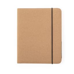 A tan folder with a textured finish, featuring a black elastic band for closure and a logo.