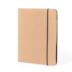 A tan folder with a black elastic band, featuring a minimalist design and a smooth finish.