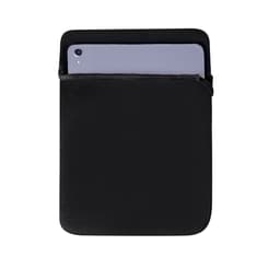 A black tablet cover with a tablet partially inserted, featuring a simple design and a subtle logo.
