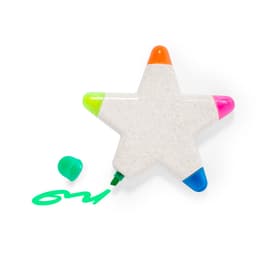 A star-shaped highlighter with pink, orange, green, and blue tips, featuring a green ink reservoir and a cap.