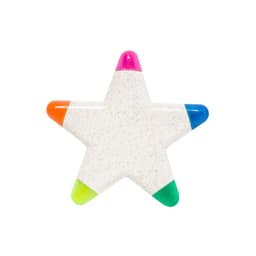 A star-shaped highlighter featuring pink, orange, blue, and green ends, with a translucent body.