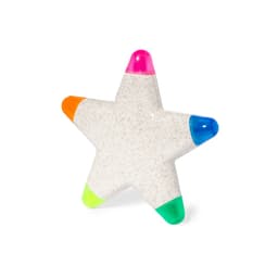 A star-shaped highlighter with five coloured tips: pink, orange, blue, green, and a white body.
