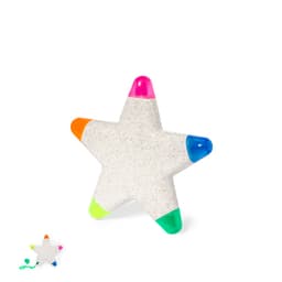 A star-shaped highlighter with pink, orange, green, and blue ends, featuring a white speckled body and a logo.