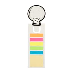 A sticky note holder with a light bulb design, featuring various coloured sticky notes: pink, green, blue, yellow, and orange.
